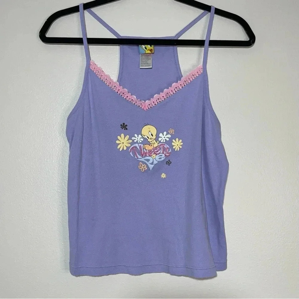 Vintage Tweety Bird 90s Y2K Purple Pink Lace ‘Tweety Pie’ Tank Cotton Girl Large